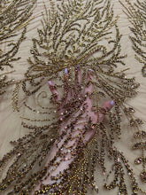 Dantela Couture Auriu Antic cu Model Floral, cu Margele si Paiete